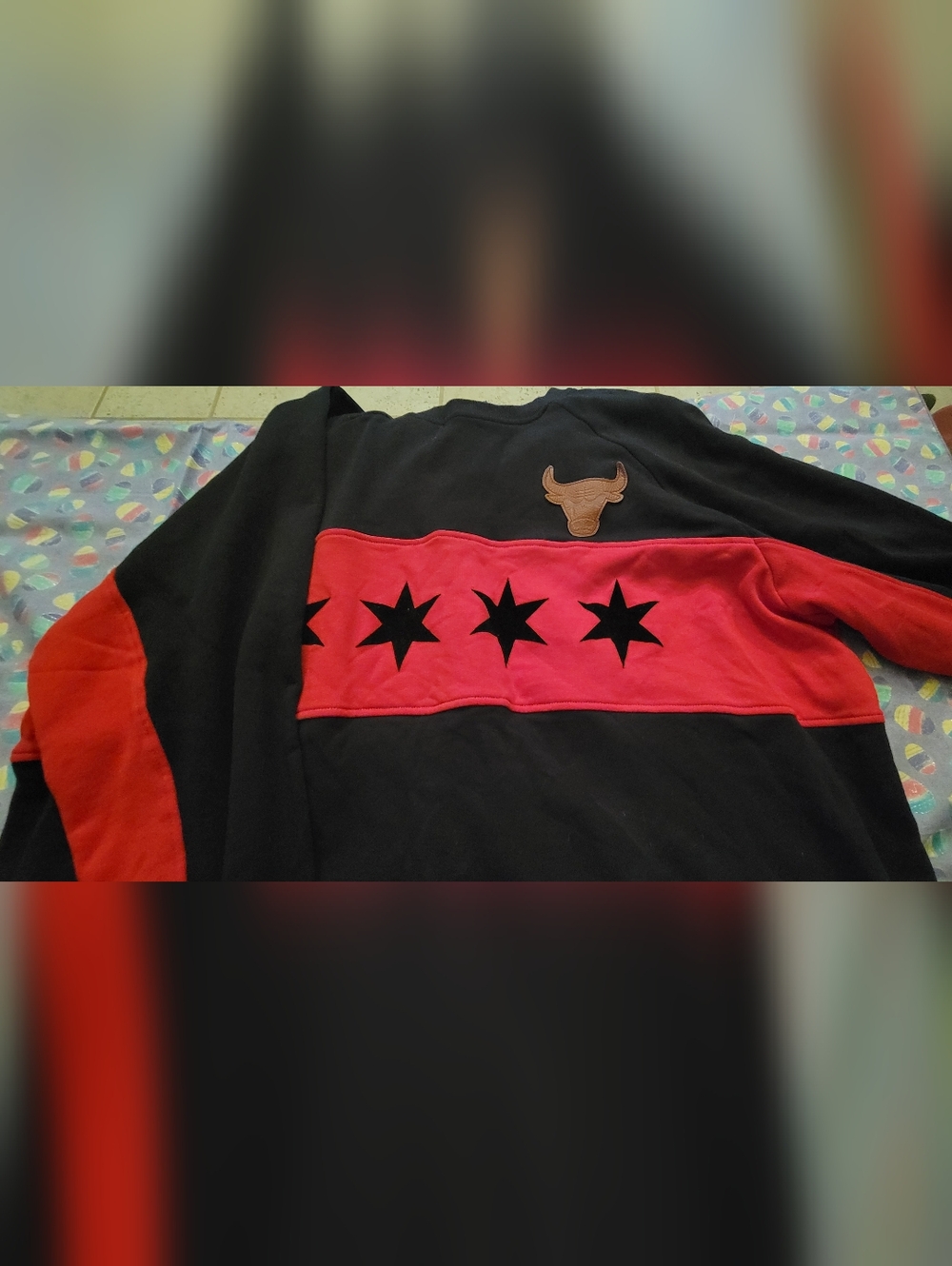 adidas Black Chicago Bulls Sweatshirt with Red Trim and Brown Bull Patch